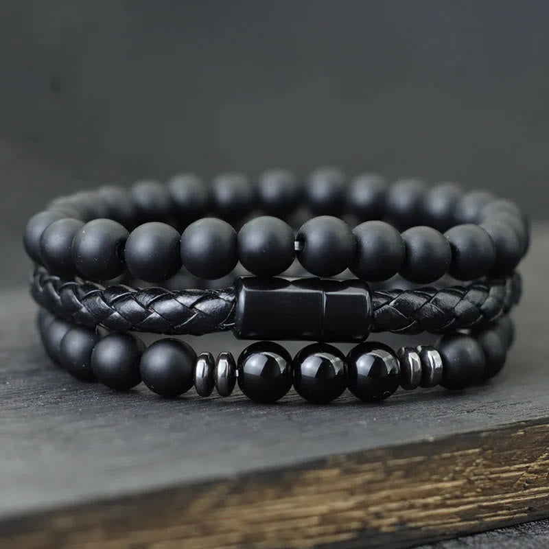 Olivenorma Lot de 3 bracelets en cuir avec pierre œil de tigre - Onyx noir + obsidienne - image 3