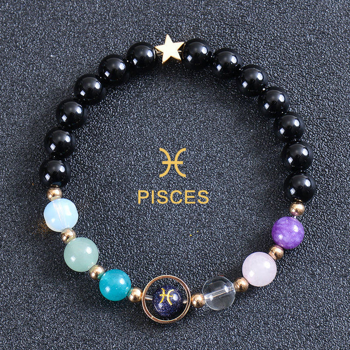 Bracelet Olivenorma douze constellations et huit planètes en pierres précieuses - Obsidienne ronde - Poissons - image 51