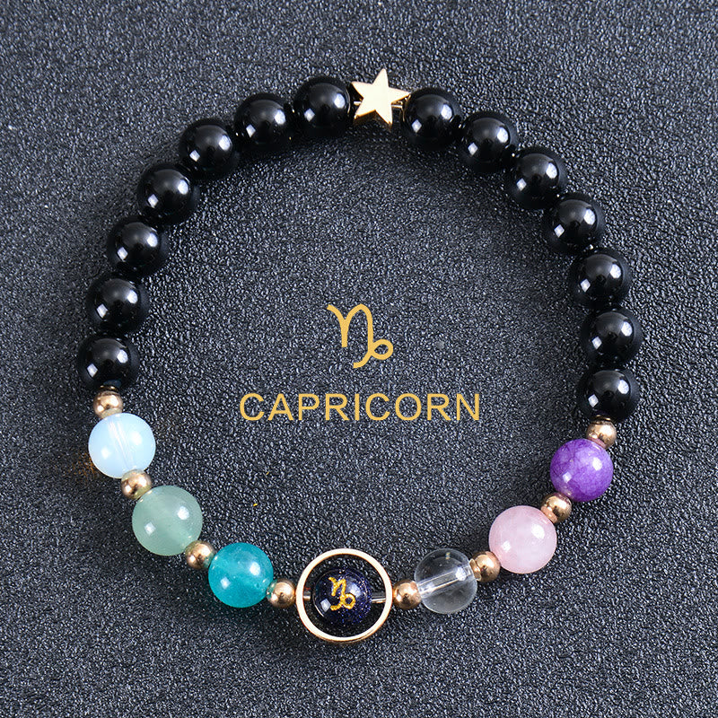 Bracelet Olivenorma douze constellations et huit planètes en pierres précieuses - Obsidienne ronde - Capricorne - image 49