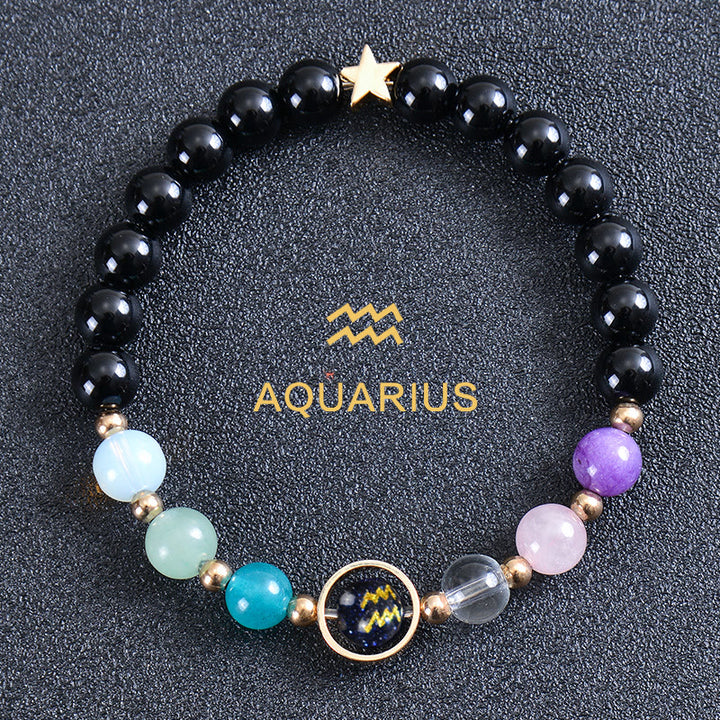 Bracelet Olivenorma douze constellations et huit planètes en pierres précieuses - Obsidienne ronde - Verseau - image 50