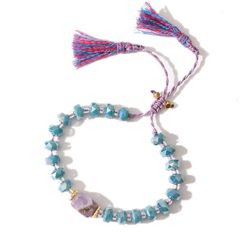 Bracelet tressé à pampilles et pierres précieuses style bohème pailleté Olivenorma - Lépidolite + Galze bleu - image 12