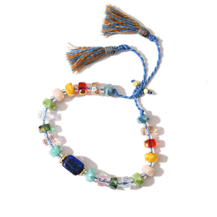 Bracelet tressé à pampilles et pierres précieuses style bohème pailleté Olivenorma - Lapis-lazuli + glaçure arc-en-ciel - image 3