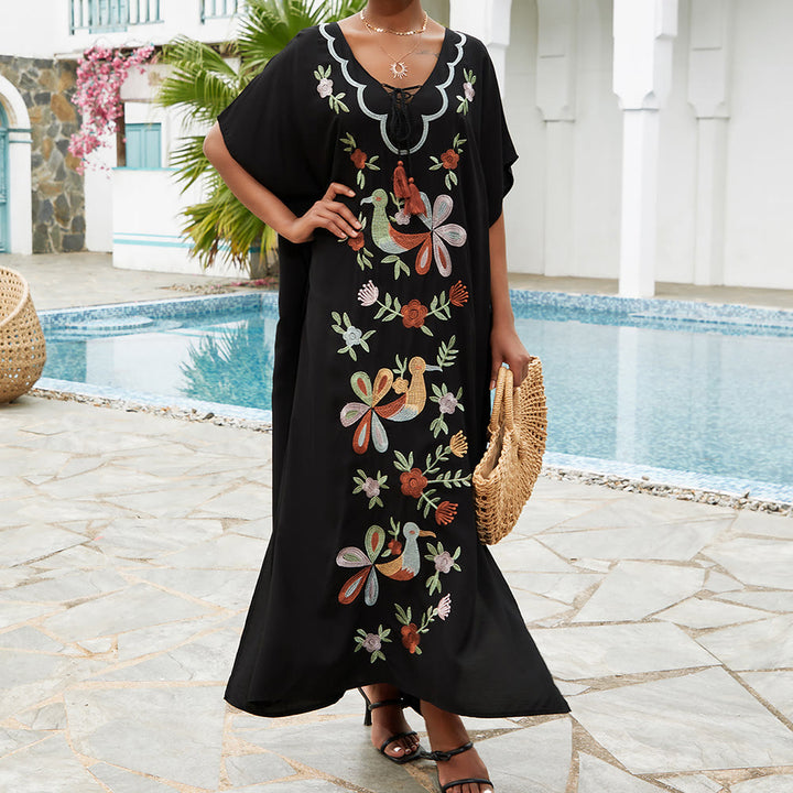 Robe caftan brodée de fleurs et d'oiseaux, chemisier de plage Olivenorma
