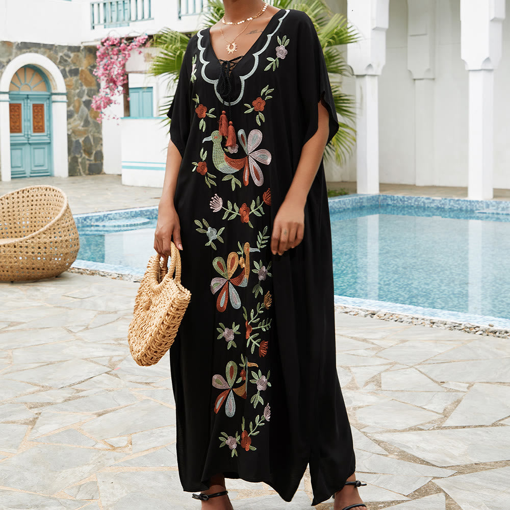 Robe caftan brodée de fleurs et d'oiseaux, chemisier de plage Olivenorma