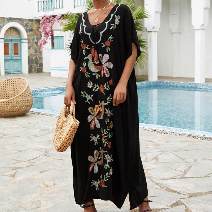 Robe caftan brodée de fleurs et d'oiseaux, chemisier de plage Olivenorma