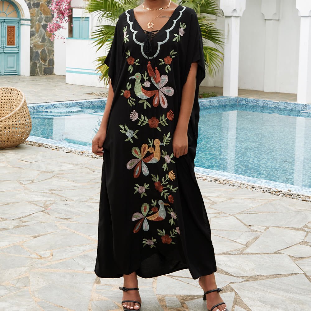 Robe caftan brodée de fleurs et d'oiseaux, chemisier de plage Olivenorma