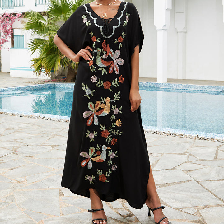 Robe caftan brodée de fleurs et d'oiseaux, chemisier de plage Olivenorma