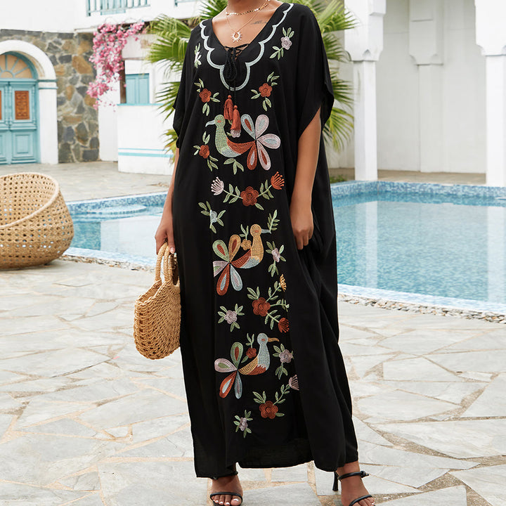 Robe caftan brodée de fleurs et d'oiseaux, chemisier de plage Olivenorma