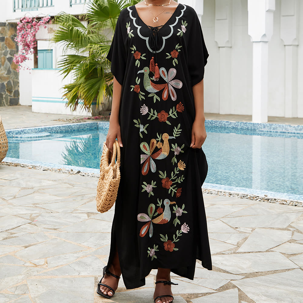 Robe caftan brodée de fleurs et d'oiseaux, chemisier de plage Olivenorma