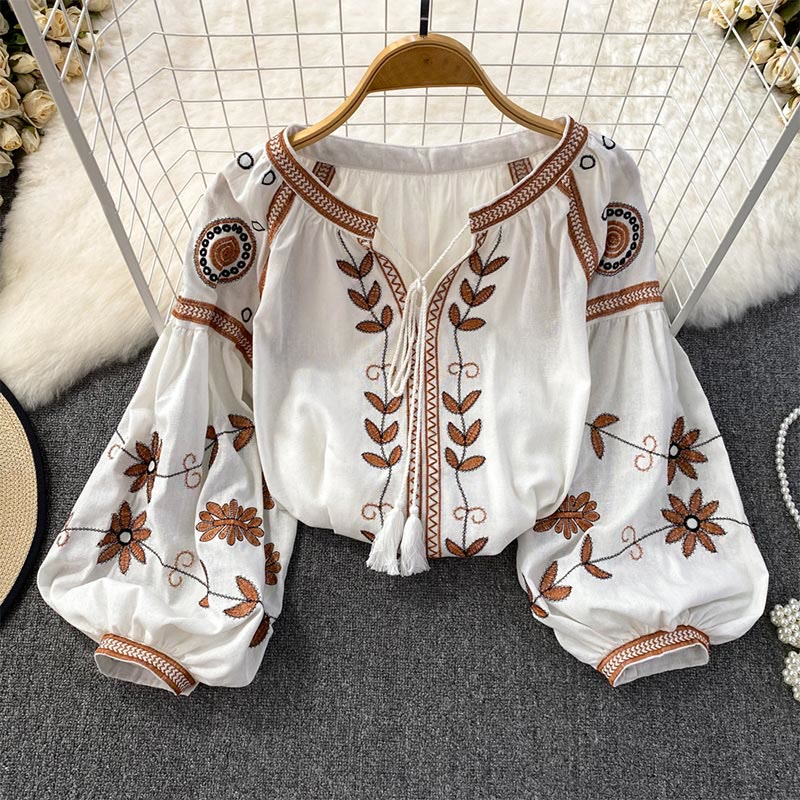 Chemise femme Olivenorma Bohemia brodée à manches lanternes