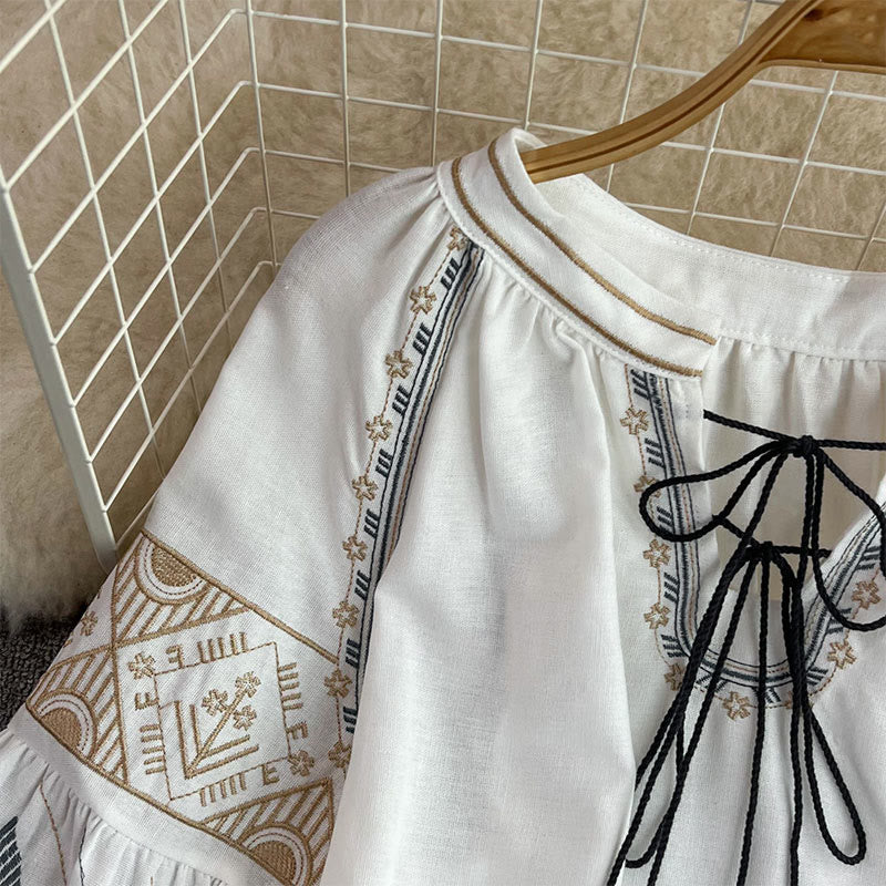 Chemise femme Olivenorma à manches lanternes et broderie totem géométrique