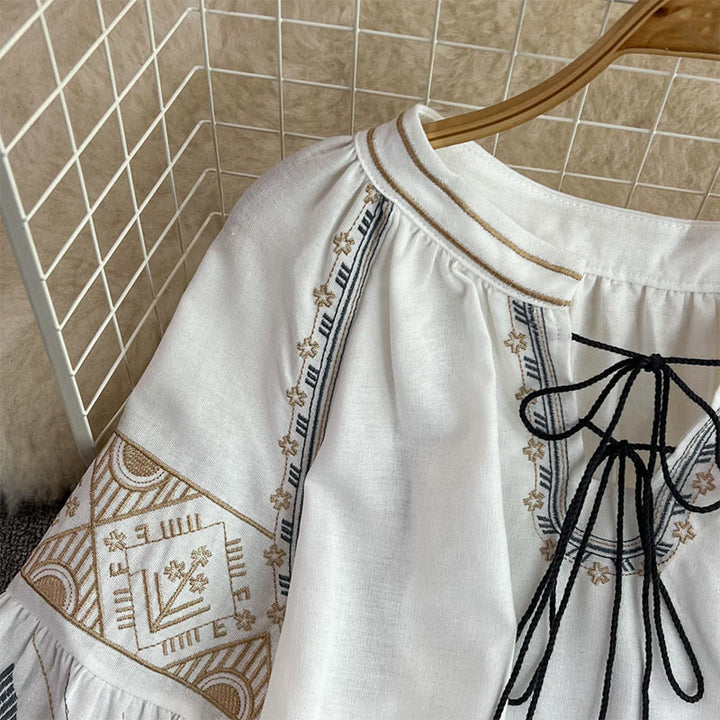 Chemise femme Olivenorma à manches lanternes et broderie totem géométrique