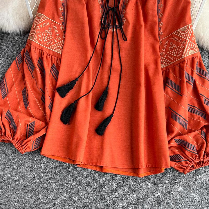 Chemise femme Olivenorma à manches lanternes et broderie totem géométrique