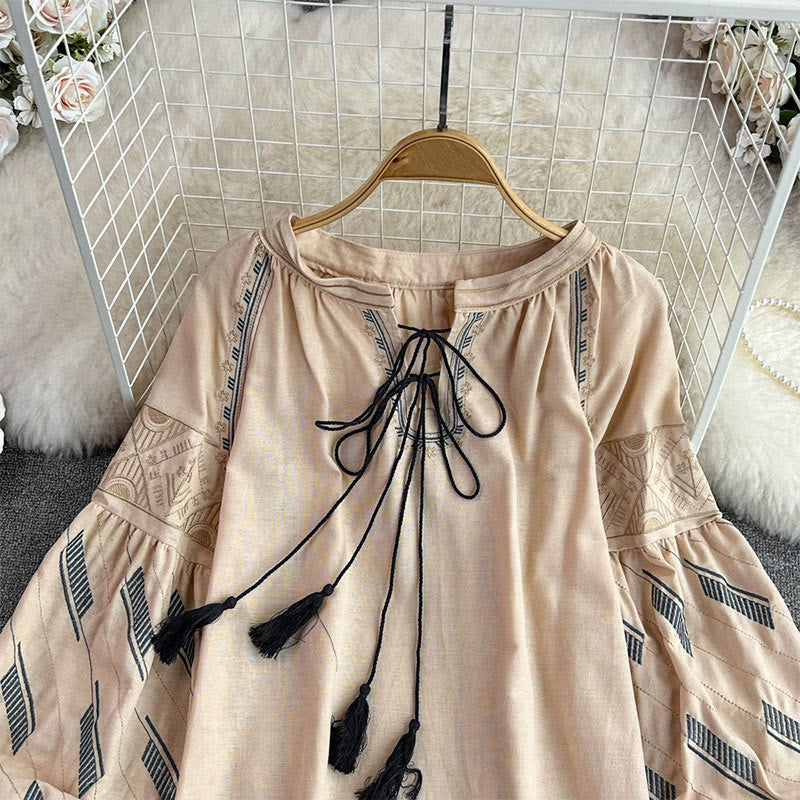 Chemise femme Olivenorma à manches lanternes et broderie totem géométrique