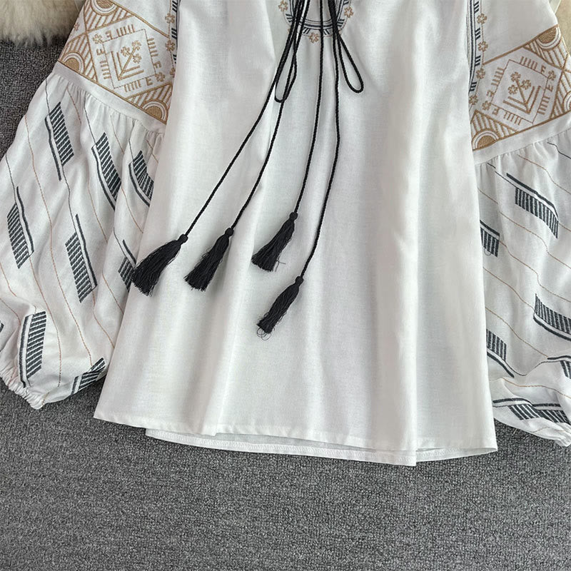 Chemise femme Olivenorma à manches lanternes et broderie totem géométrique