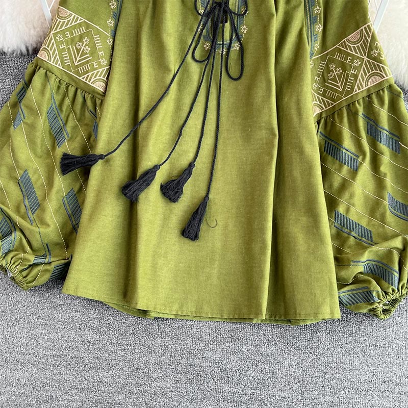 Chemise femme Olivenorma à manches lanternes et broderie totem géométrique