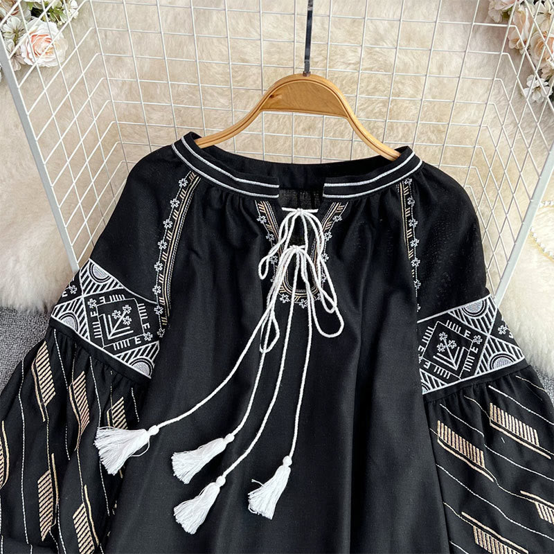 Chemise femme Olivenorma à manches lanternes et broderie totem géométrique