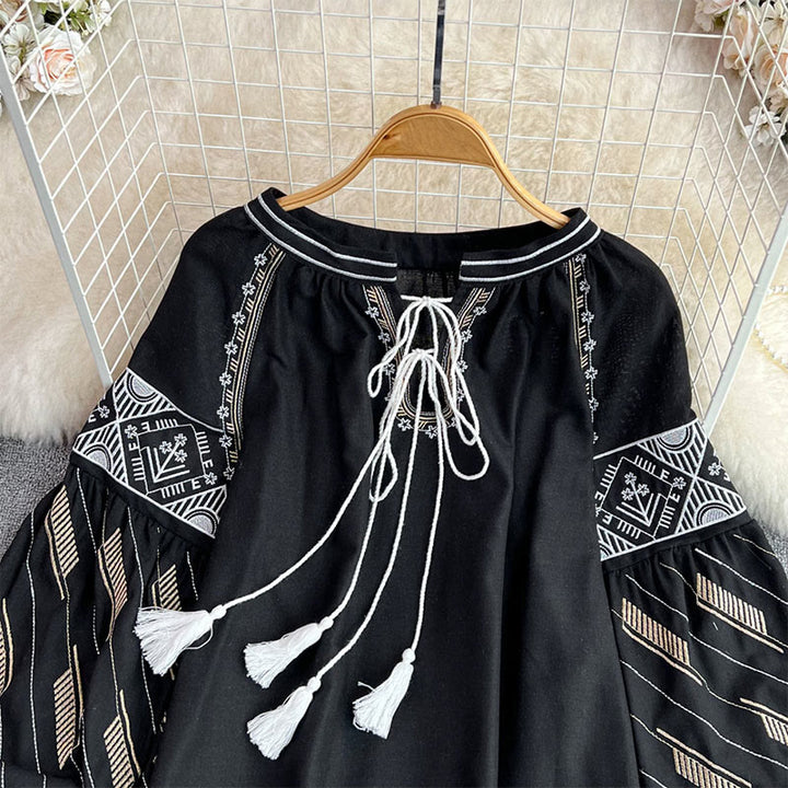 Chemise femme Olivenorma à manches lanternes et broderie totem géométrique