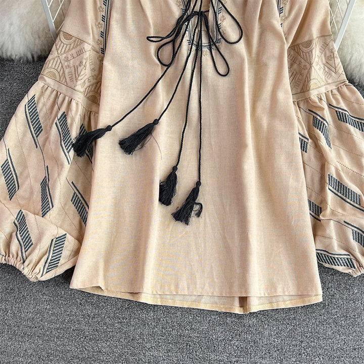 Chemise femme Olivenorma à manches lanternes et broderie totem géométrique