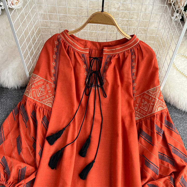 Chemise femme Olivenorma à manches lanternes et broderie totem géométrique