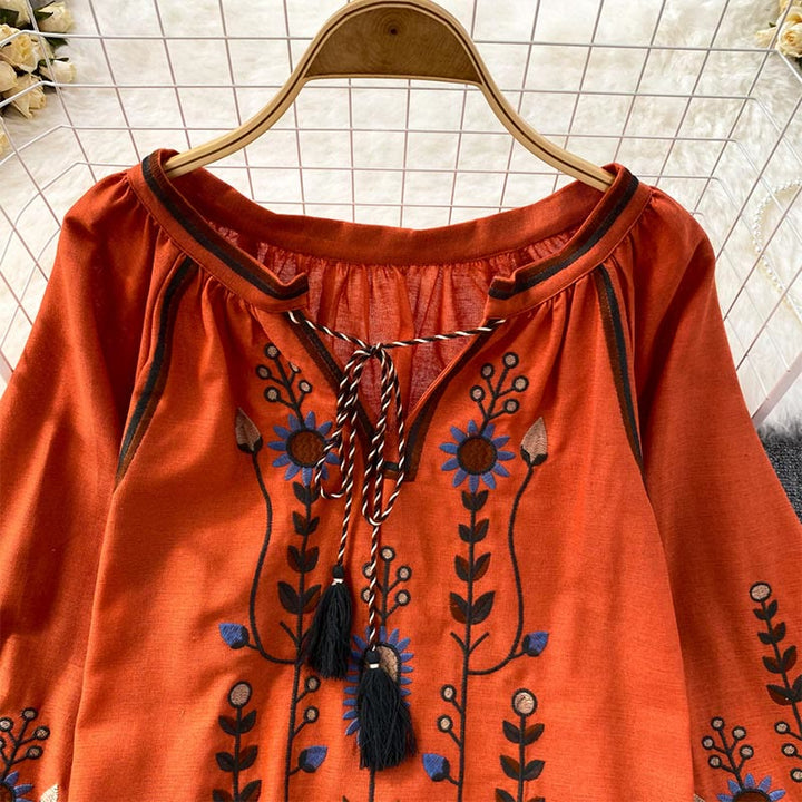 Chemise femme Olivenorma à manches lanternes et broderies florales pastorales