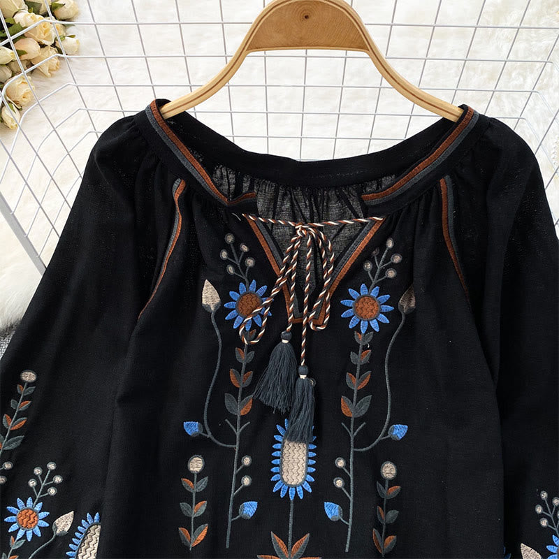 Chemise femme Olivenorma à manches lanternes et broderies florales pastorales