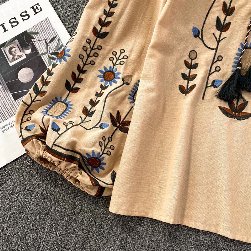 Chemise femme Olivenorma à manches lanternes et broderies florales pastorales