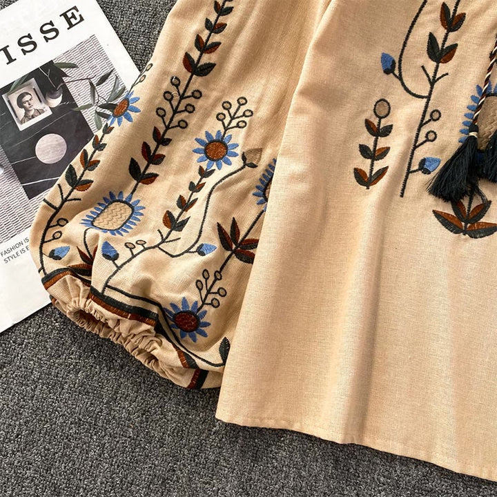 Chemise femme Olivenorma à manches lanternes et broderies florales pastorales