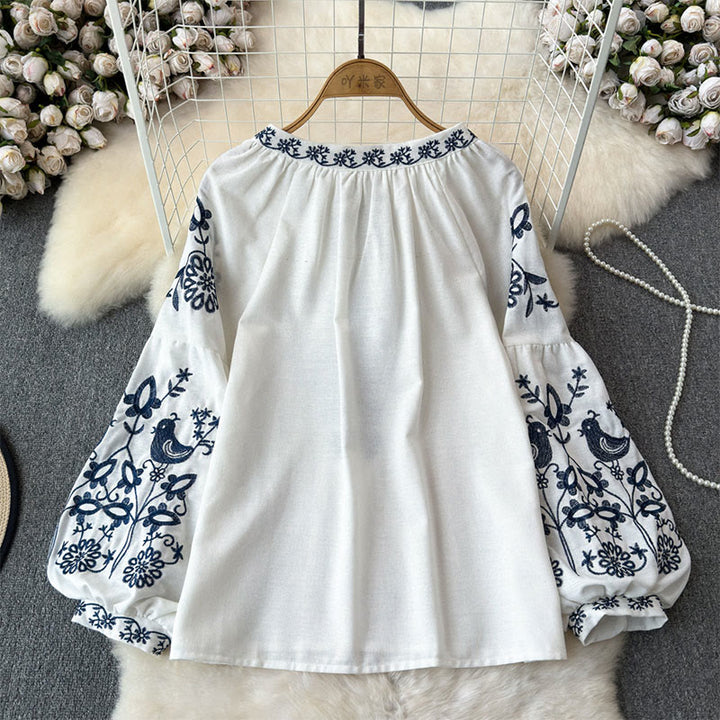 Chemise femme Olivenorma à manches lanternes et broderies d'oiseaux et de fleurs