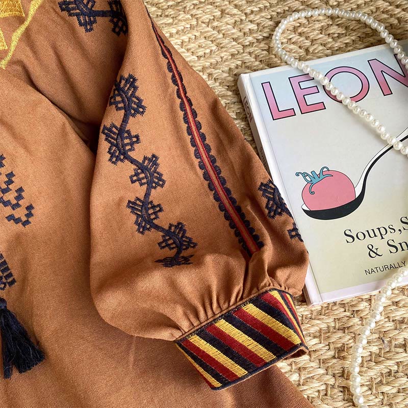 Chemise femme Olivenorma à manches lanternes et broderies style bohème