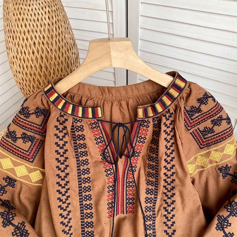 Chemise femme Olivenorma à manches lanternes et broderies style bohème