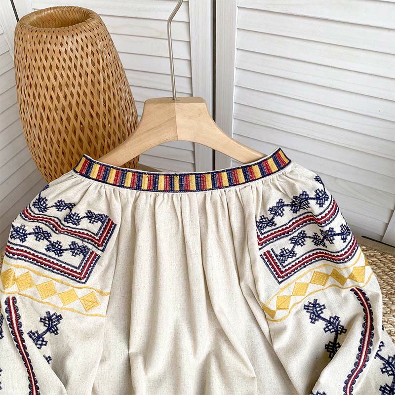 Chemise femme Olivenorma à manches lanternes et broderies style bohème