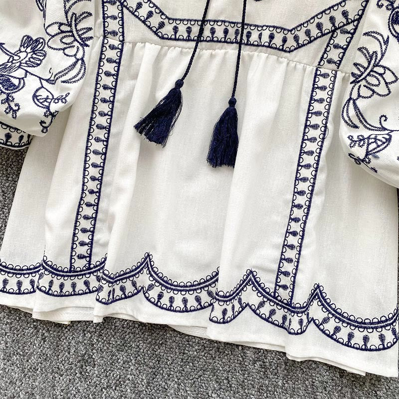 Chemise femme Olivenorma Boho Holiday brodée à manches lanternes