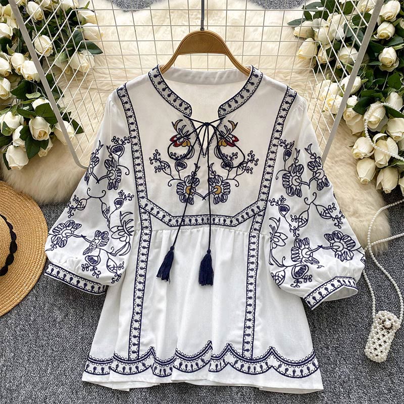 Chemise femme Olivenorma Boho Holiday brodée à manches lanternes