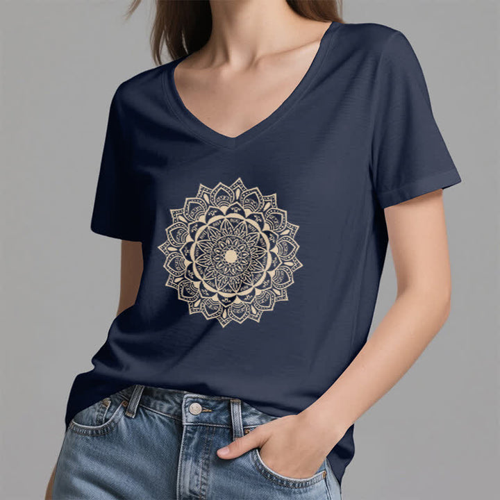 Olivenorma Mandala Lotus Boho Fleur Yoga T-shirt col V - image 6