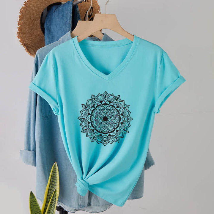 Olivenorma Mandala Lotus Boho Fleur Yoga T-shirt col V - Lac Bleu - 2XL - image 23