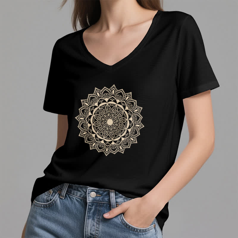 Olivenorma Mandala Lotus Boho Fleur Yoga T-shirt col V - image 12