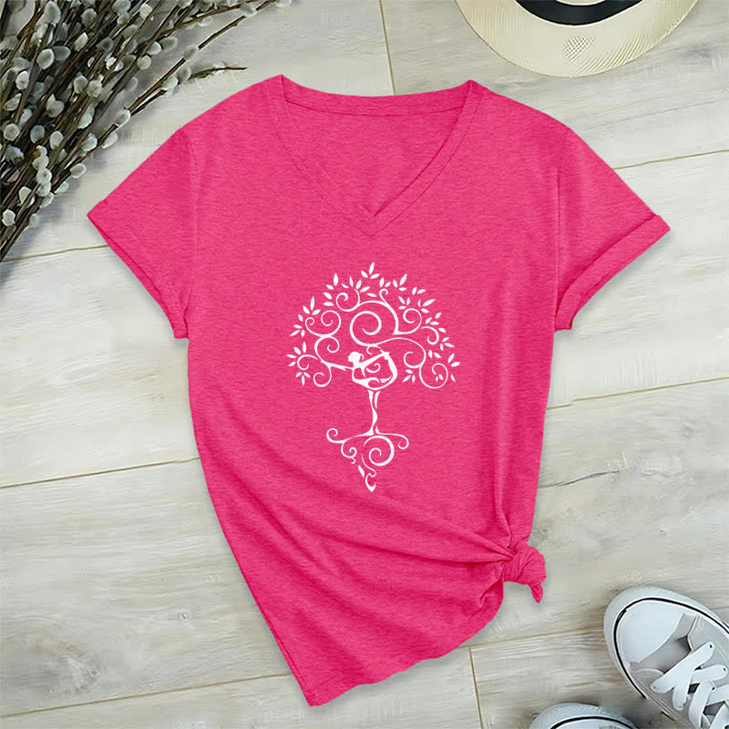 T-shirt col V Olivenorma Yoga Tree Posture - Rose Rouge - 2XL - image 11