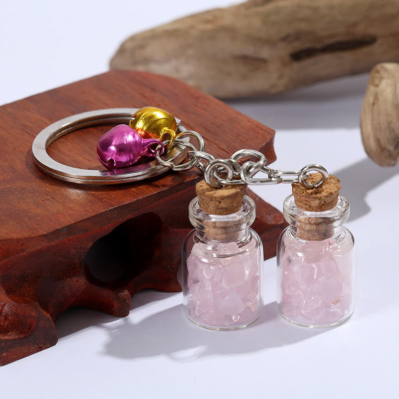 Porte-clés en mini-bouteille en verre avec cristaux naturels Olivenorma et clochettes - Cristal rose - image 5