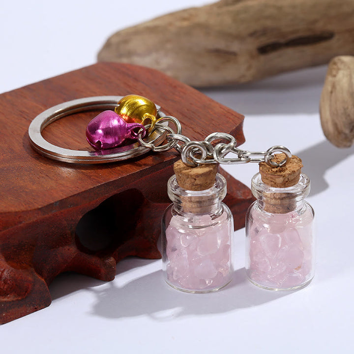Porte-clés en mini-bouteille en verre avec cristaux naturels Olivenorma et clochettes - Cristal rose - image 5