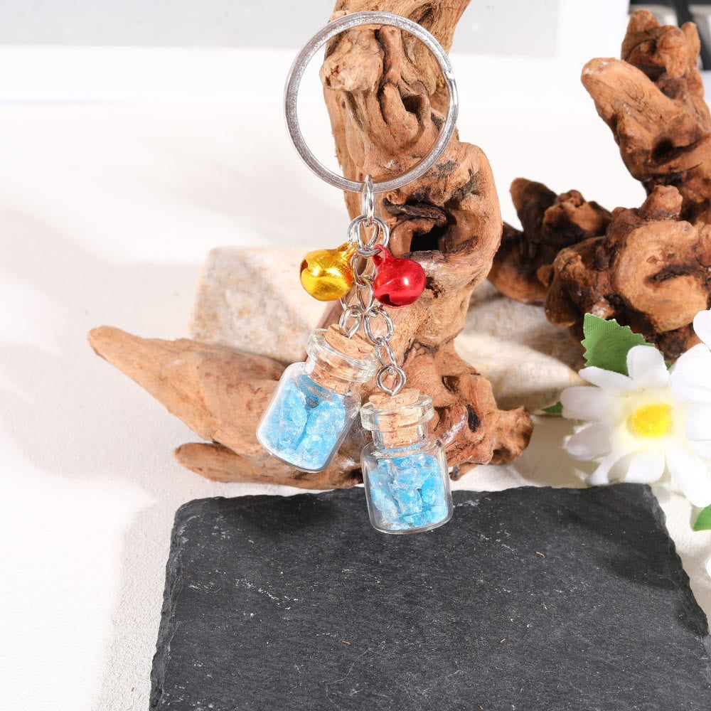 Porte-clés en mini-bouteille en verre avec cristaux naturels Olivenorma et clochettes - Apatite bleue - image 14