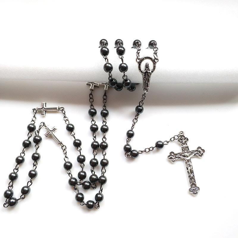 Collier chapelet avec croix en hématite et médaille de Jésus Olivenorma