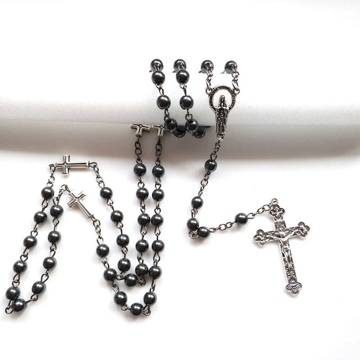 Collier chapelet avec croix en hématite et médaille de Jésus Olivenorma