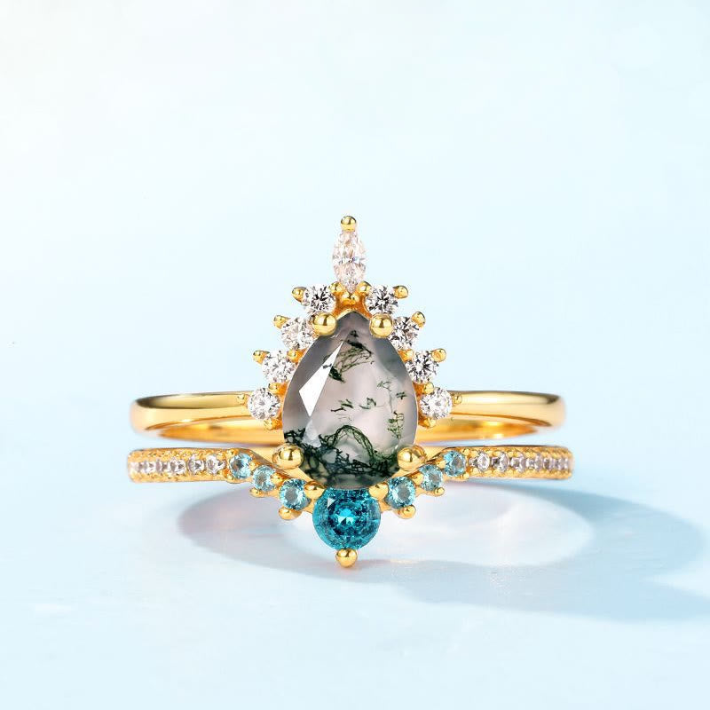 Bague en argent 925 avec 2 pièces d'agate mousse et tourmaline Paraiba Olivenorma