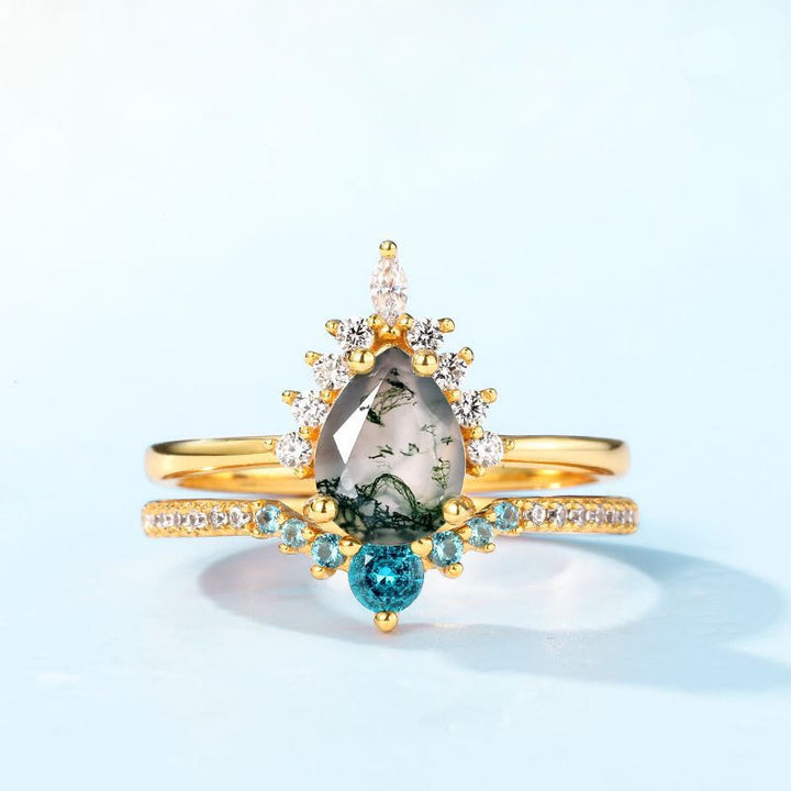 Bague en argent 925 avec 2 pièces d'agate mousse et tourmaline Paraiba Olivenorma
