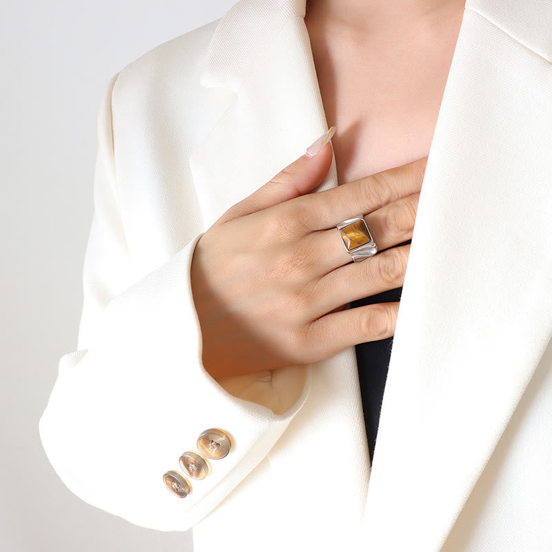 Bague Olivenorma carrée en or, argent et titane avec œil de tigre et malachite