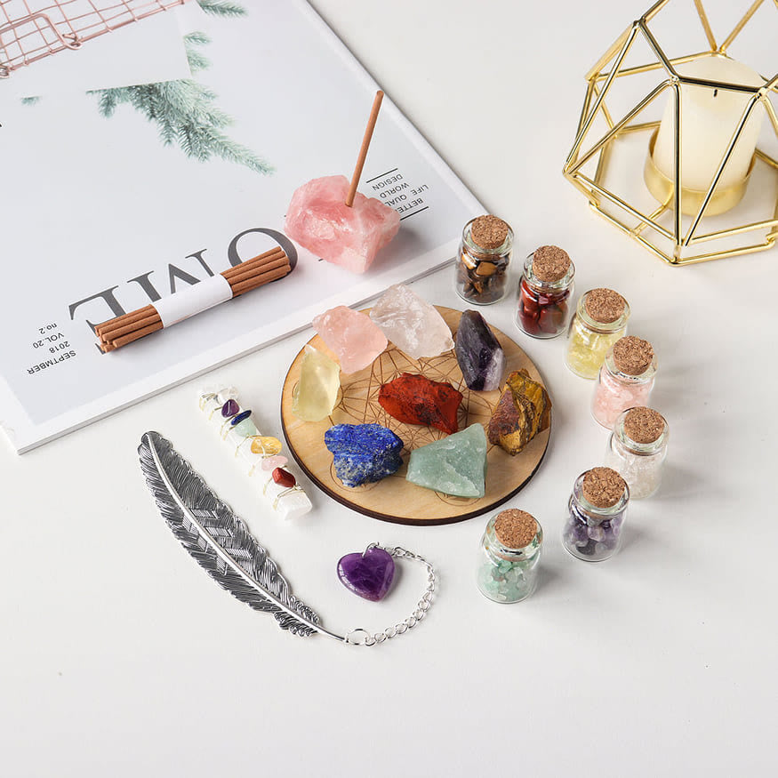 Ensemble de graviers de pierres précieuses naturelles de guérison Olivenorma, ensemble de pierres brutes pour 7 chakras