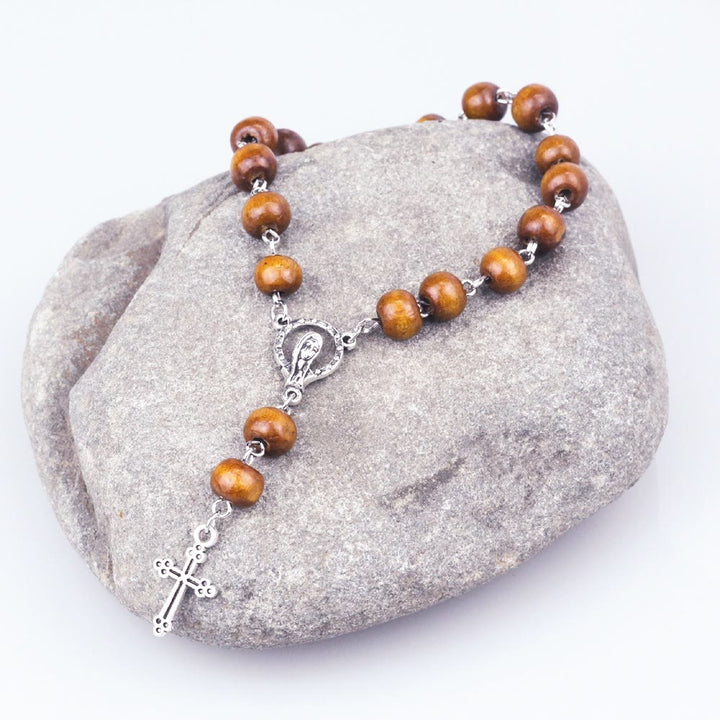 Bracelet chapelet en perles de bois avec croix de la Vierge Marie et christianisme Olivenorma