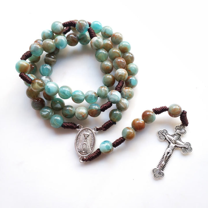 Collier chapelet avec pendentif croix en amazonite et médaille Sainte Marie Olivenorma