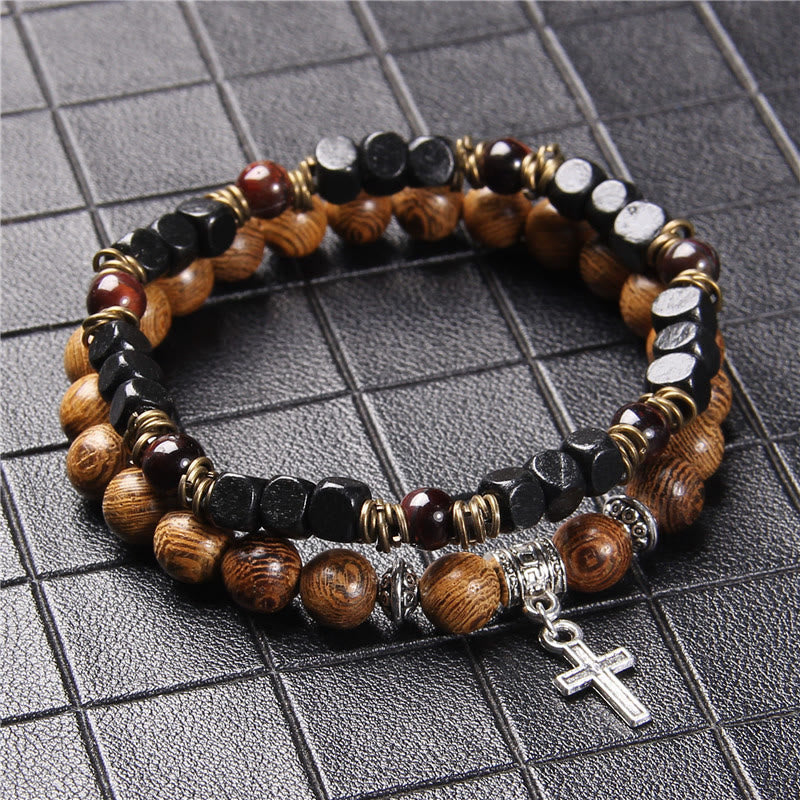 Bracelet homme double couche avec pendentif croix en pierre naturelle Olivenorma